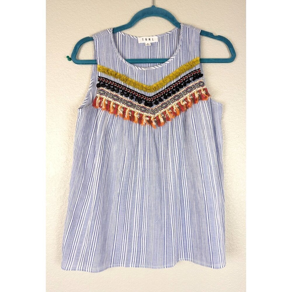 THML Blue and White Striped Sleeveless Top with Multicolor Embroidered Yoke